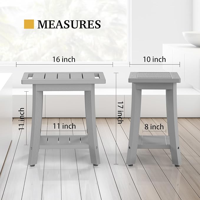 HIPS Shower Bench Inside Shower Stool with Storage Shelf, Waterproof Spa Bath Chair for Bathroom, Seat or Organizer for Living Room, Bedroom - Great for All Ages Unisex Elderly (Small, Grey)