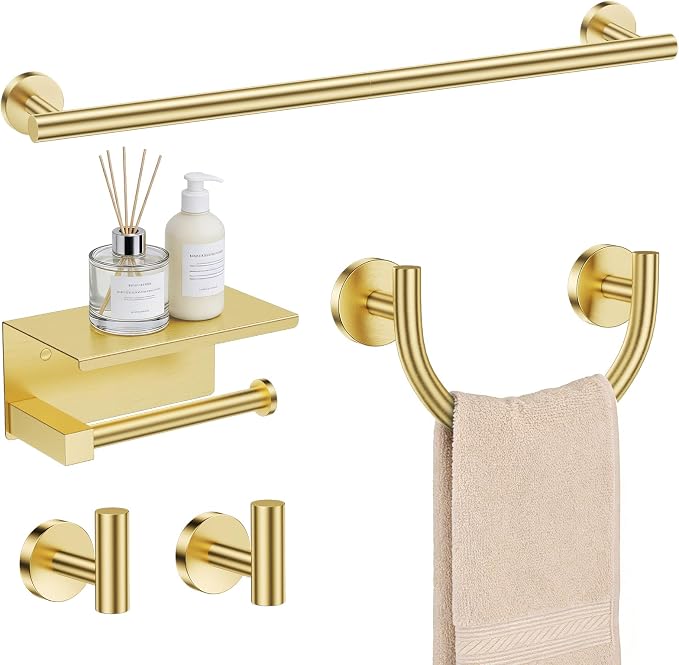 TURS 5-Pieces Brushed Gold Bathroom Hardware Accessories Set 23.6inch SUS304 Stainless Steel Towel Bar Set Wall Mounted Toilet Paper Holder with Shelf