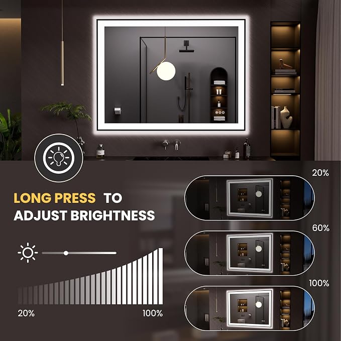 LOAAO 48"X36" LED Bathroom Mirror Black Framed | Anti-Fog, Dimmable, Memory Function, Tempered Glass, Lighted Vanity Mirror for Wall
