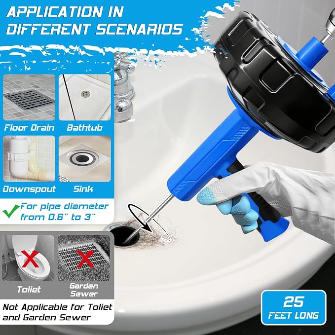 25FT Auto Feed Drain Snake Auger Drill or Manual Hair Clog Remover | 25FT flexible drain snake with auto feed retract, supports drill or manual use, for bathroom sink shower hair clog removal