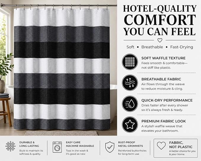 Dainty Home Ombre Waffle Weave Shower Curtain 70 x 72 Black Textured Fabric Shower Curtain, Hotel Style Waffle Weave Bathroom Curtain, Water Resistant Polyester Ombre Shower Curtain