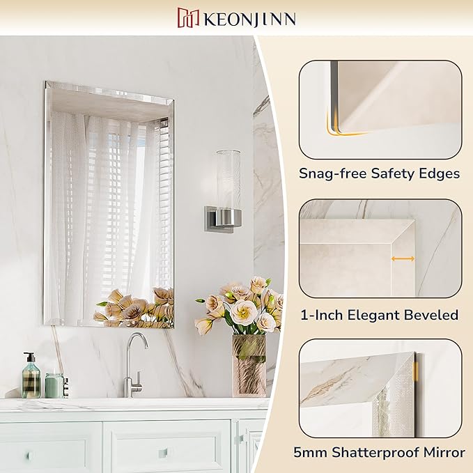 Keonjinn 42 x 36 Inch Frameless Bathroom Mirror with Beveled Edge | Rectangle Mirrors for Over Sink, Wall Mirror Shatterproof, Modern Decorative for Living Room, Bedroom, Horizontal/Vertical