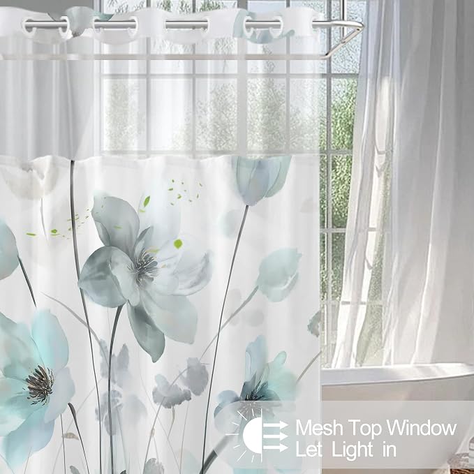 No Hook Shower Curtain and Liner Set, Teal Blue Boho Floral 71x74 | Watercolor Boho Flower, with Snap in Liner, Waterproof, Machine Washable, Quick-Drying, for Hotel Bathroom