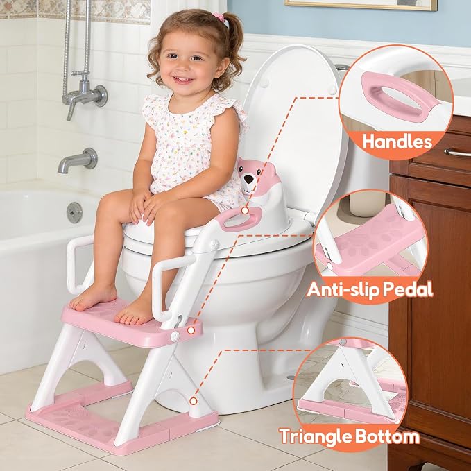 Potty Training Toilet for Toddlers, 2-in-1 Potty Training seat, Anti-Slip | SKYROKU, Fits Round & Elongated Toilets, 6 Heights, Splash Guard, Foldable, Holds 200+ lbs, Step Stool, Dishwasher Cushion