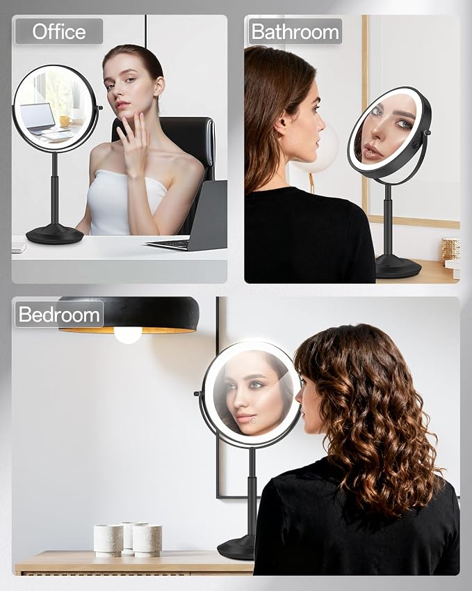 VFD 8'' 30X/1X Magnifying Makeup Mirror with Lights Height Adjustable | Lighted Vanity Mirror with 3 Color Adjustable Brightness, 3000mAh Rechargeable Double Sided Switch for Desk Women Gift