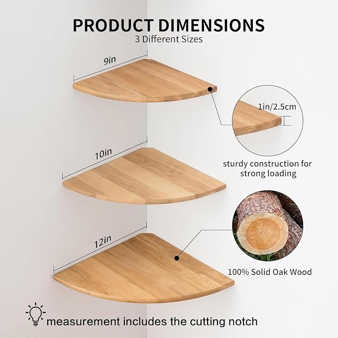 Floating Corner Shelves, Set of 3 Corner Wall Shelves with Cable Hole Soild Wood Wall Storage Display Wall Mounted Shelves for Plants, Photos, Speakers, Living Room, Bedroom, Bathroom, Kitchen