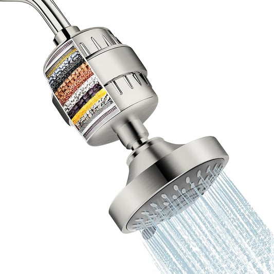 FEELSO Shower Head with Shower Filter, Filtered Shower Head for Hard Water | High Pressure, Anti-clog Nozzles, 5 Spray Showerhead, 15 Stage Water Softener Filters, Remove Chlorine and Harmful Substances