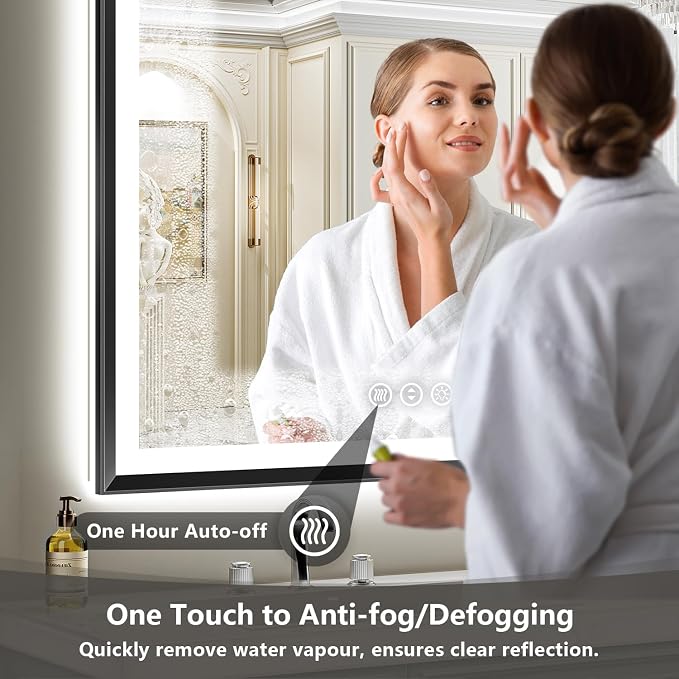48x36 LED Bathroom Mirror with Lights, Black Lighted Mirror | Backlit and Front light, Anti-Fog, 3 Color Dimmable, Memory, Tempered Glass, IP54 Waterproof, UL Listed