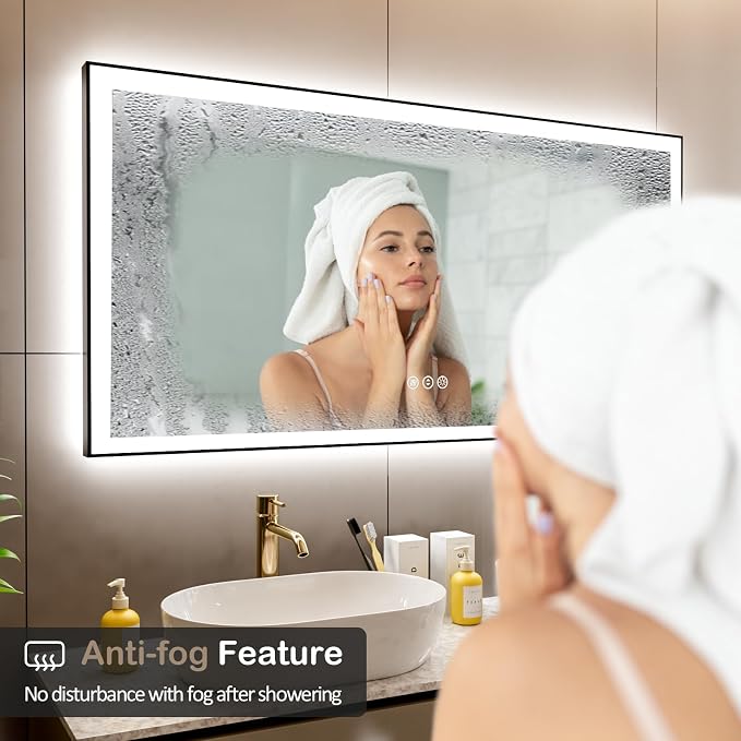 72x36 Inch LED Bathroom Mirror with Black Frame | Black Metal Frame, Front and Backlit, 3 Colors, Dimmable, Memory, Anti Fog, Tempered Glass, Lighted Mirror for Wall