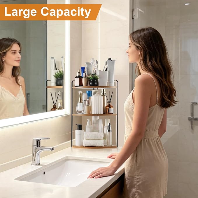 3 Tier Corner Bathroom Counter Organizer, Light Brown | Countertop Sink Organizer Rack, Wooden and Metal Counter Shelf, Space Saving Corner Bathroom & Vanity