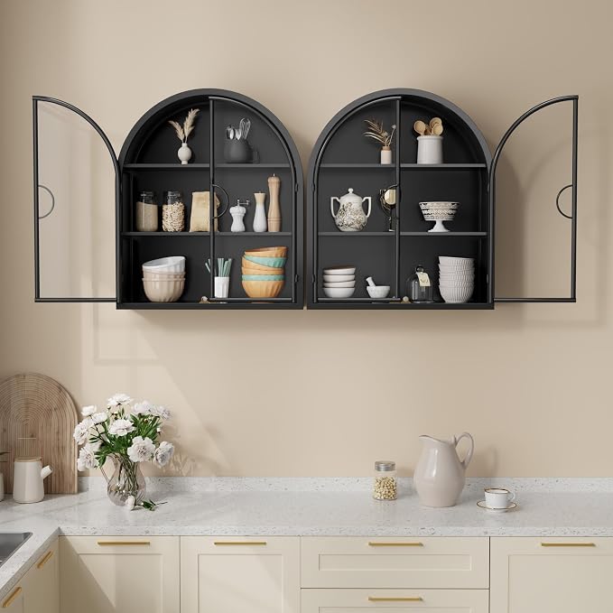 Arched Wall Cabinet with Clear Glass Door, NO Assembly | Full Metal Frame, 10MM Shelves, Handcrafted Arched Design, 40-lb per Tier, 5MM Tempered Glass, for Bathroom Wall Medicine
