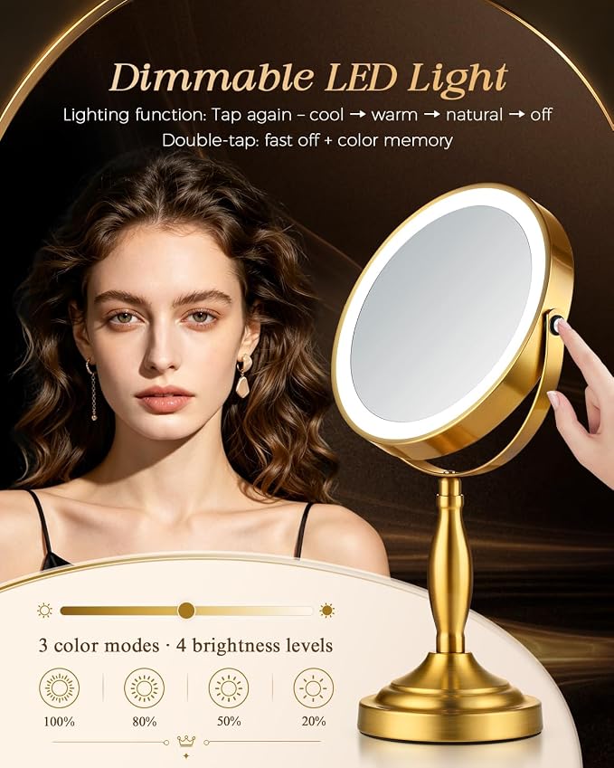 30X/1X Makeup Mirror with Lights, 8" Double Sided Vanity Mirror with Lights | 3 Color Modes & Dimmable, 5000mAh Rechargeable, Side Touch + Side Charging, 360° Rotation Tabletop Mirror, Brushed Gold