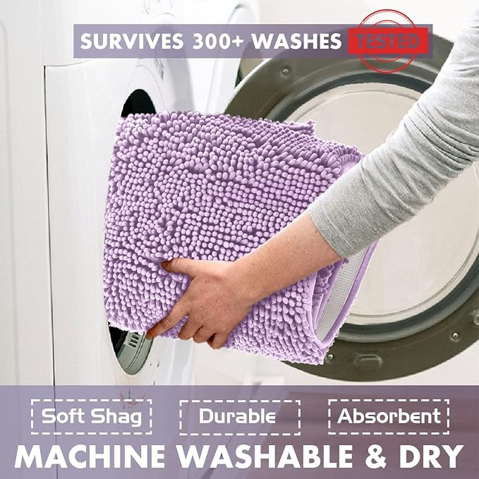 LuxUrux Bath Mat-Extra-Soft Plush Bath Shower Bathroom Rug,1'' Chenille Microfiber Material, Super Absorbent Shaggy Bath Rug. Machine Wash & Dry (20 x 20 inch, Lavender)