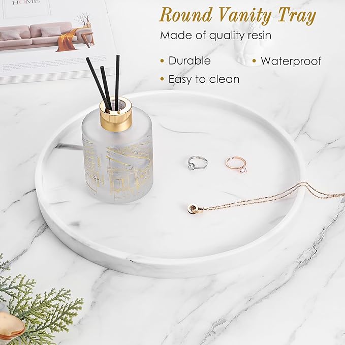 Luxspire 10.63" Resin Marble Round Bathroom Vanity Tray, Marble White | Waterproof sturdy resin, easy wipe clean, holds perfume, jewelry, candle for bath kitchen dresser decor