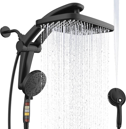 12-Inch High Pressure Rain Shower Head with Handheld Spray Combo, Magnetic | Dual shower heads; one-piece bracket adjusts height and angle; 9 settings: 8 sprays + 1 Power Jet for cleaning; easy install