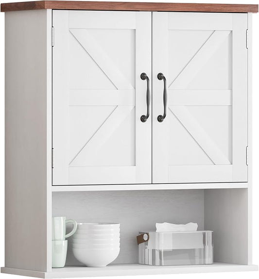 Smuxee Farmhouse Bathroom Cabinet Wall Mounted, White Small Medicine Cabinet with Adjustable Shelf, Bathroom Cabinet for Living Room, Laundry Room