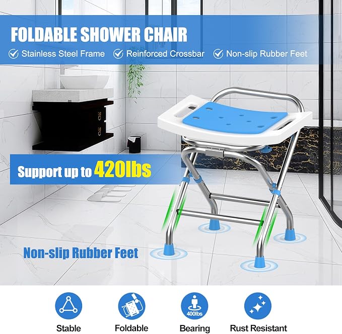 Height Adjustable Folding Shower Chair Seat, Stainless Steel Shower Chair for Inside Shower w/Crossbar, 420LB Portable Travel Shower Stool, Safety Anti-Slip Bath Chair for Seniors,White