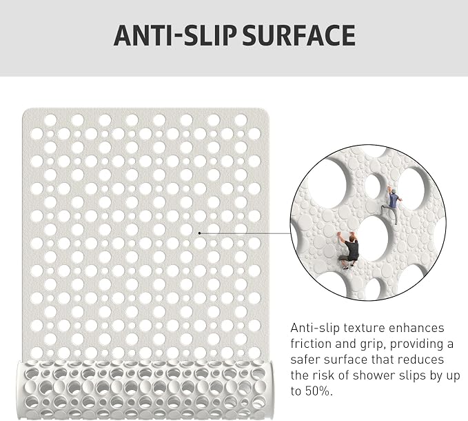 Shower Mat Non Slip Bath Mat for Tub - 35" x 16" Soft TPE Bathtub Mat Non Slip Shower Mats for Inside Shower, Anti Slip Shower Mat with Suction Cups, Quick-Drying Bath Tub Mat, White