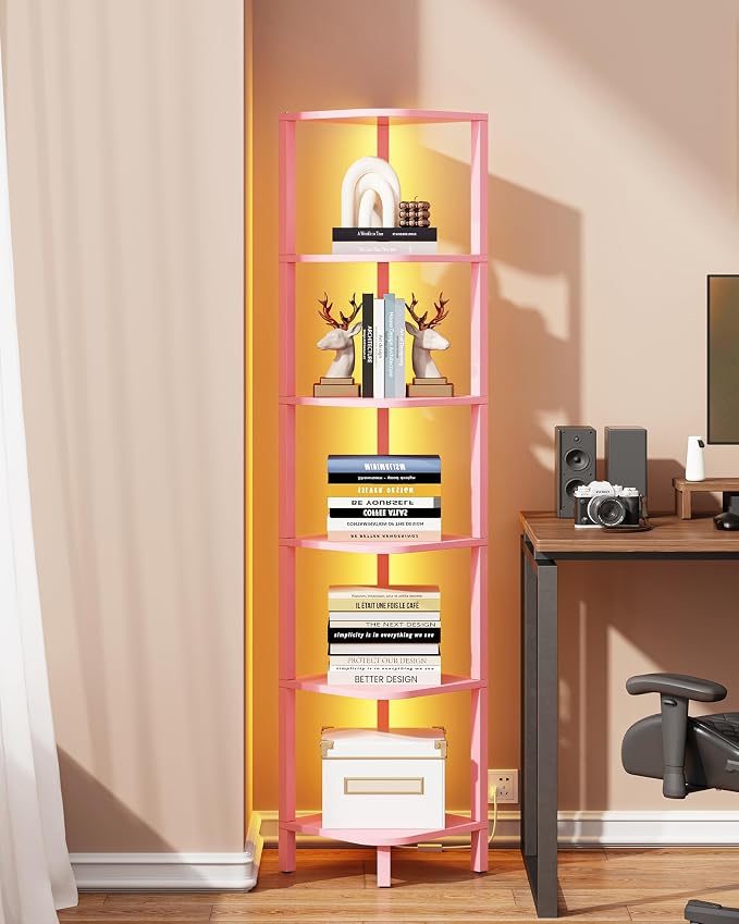 TUTOTAK Corner Shelf with LED Light, 6-Tier Corner Bookshelf | for Small Space, Narrow Display Corner Shelf Stand with Storage Rack, for Living Room, Bedroom, Pink BS08BP006L