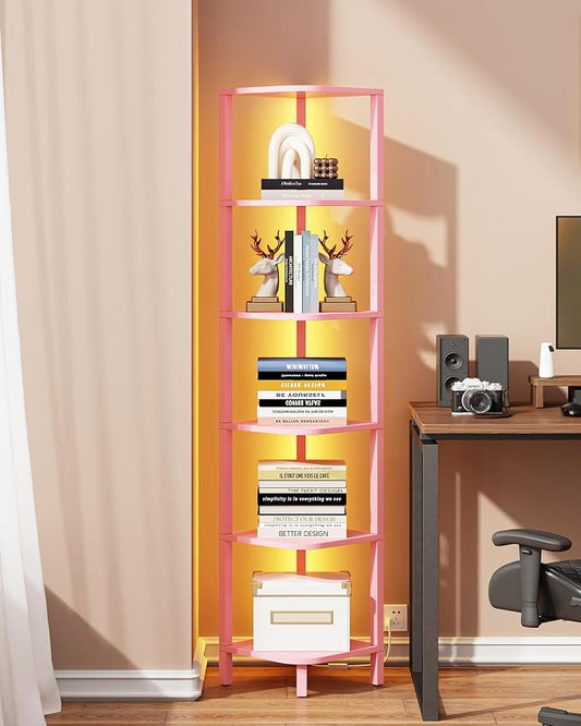 TUTOTAK Corner Shelf with LED Light, 6-Tier Corner Bookshelf | for Small Space, Narrow Display Corner Shelf Stand with Storage Rack, for Living Room, Bedroom, Pink BS08BP006L