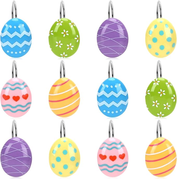 12 Pcs Easter Shower Curtain Hooks Colorful Egg Bathroom Decor | 12 resin and metal Easter egg shower curtain hooks, fit rods up to 1.2 inches,reusable, easy install for spring party decor