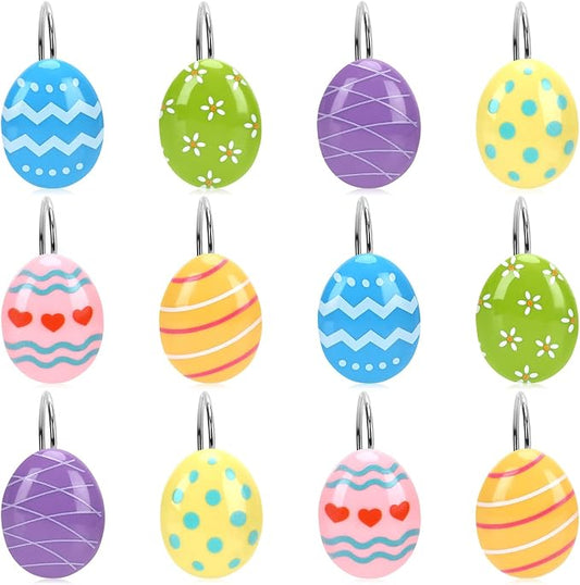12 Pcs Easter Shower Curtain Hooks Colorful Egg Bathroom Decor | 12 resin and metal Easter egg shower curtain hooks, fit rods up to 1.2 inches,reusable, easy install for spring party decor