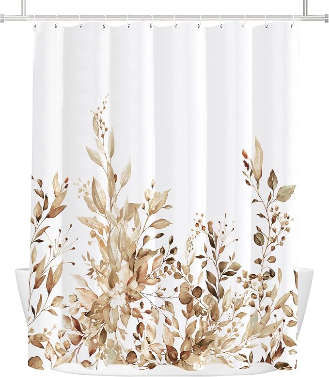 Tititex Tan Eucalyptus Shower Curtain, Watercolor Brown Leaves Plant with Floral Bathroom Decoration Shower Curtain Sets 71x71 Inch with Hooks