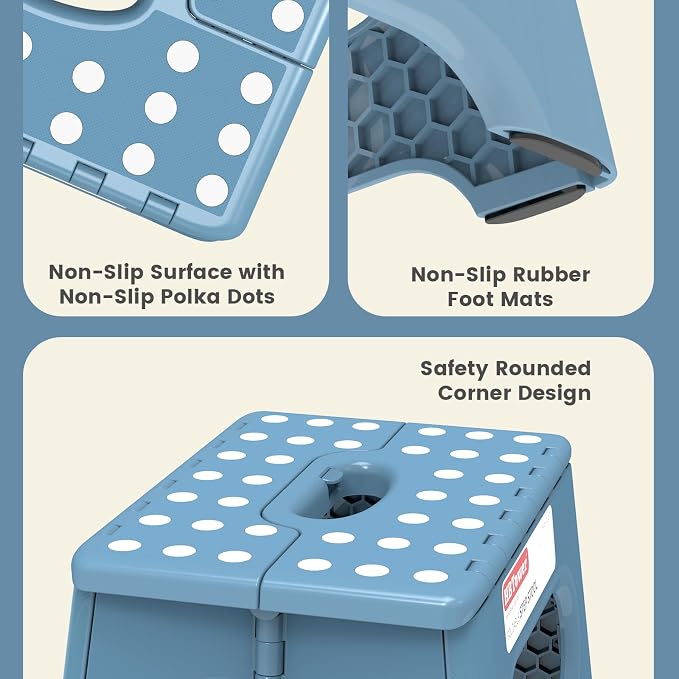 HBTower Folding Step Stool 9 Inch, 600 LBS Capacity with Safety Lock, Blue | Compact Step Stool Foldable for Kids & Adults, Portable Carry Handle, Collapsible Foot Stool, Kitchen, Bathroom & Outdoor