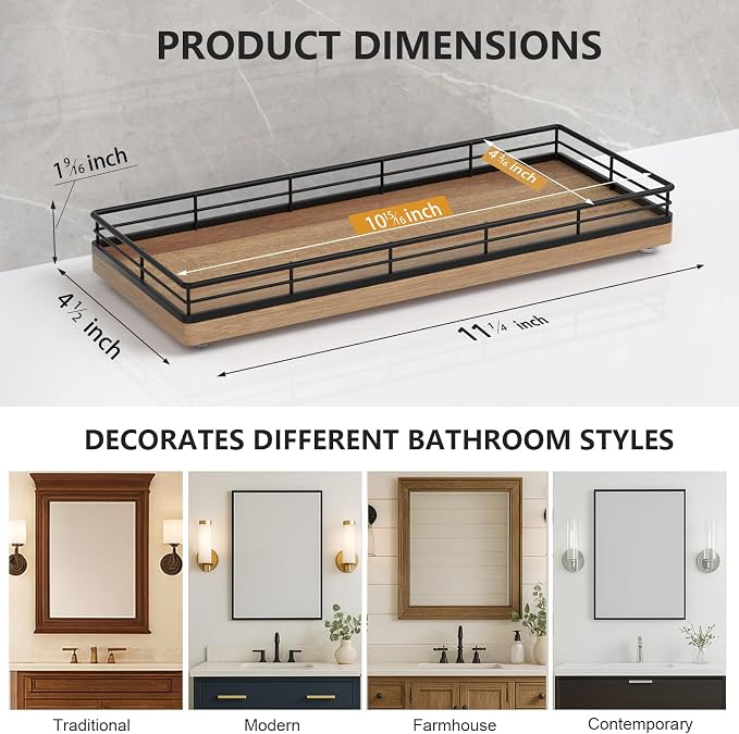 Bathroom Tray for Counter Top Organizer, Acacia Wood Vanity Tray | Metal Frame for Dresser, Kitchen & Nightstand, Black & Acacia Decorative Storage
