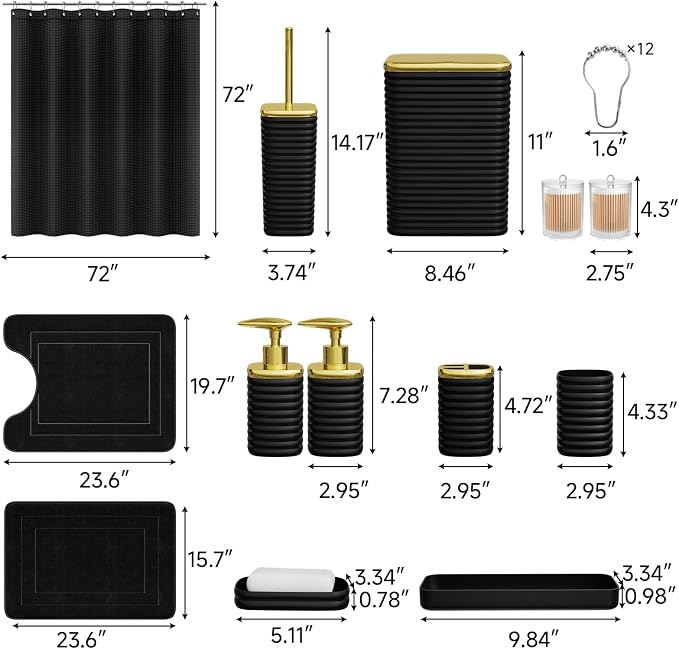 Bathroom Set - 25PC Bathroom Sets with Shower Curtain and Rugs, Black Bathroom Set, Bathroom Accessory Set, Luxury Bathroom Accessories Set, Trash Can, Toilet Brush & Soap Dispenser