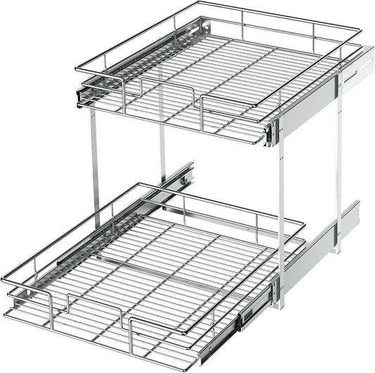 LOVMOR 2 Tier Individual Pull Out Cabinet Organizer 14" W x 18" D, Slide Out Kitchen Cabinet Storage Sliding Shelves