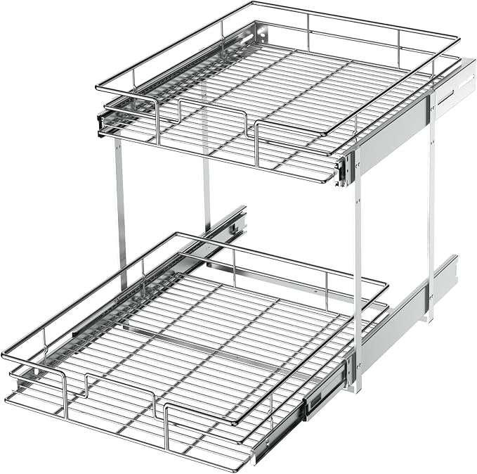 LOVMOR 2 Tier Individual Pull Out Cabinet Organizer 20" W x 21" D, Slide Out Kitchen Cabinet Storage Sliding Shelves
