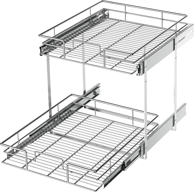 LOVMOR 2 Tier Individual Pull Out Cabinet Organizer 14½" W x 21½" D, Slide Out Kitchen Cabinet Storage Sliding Shelves