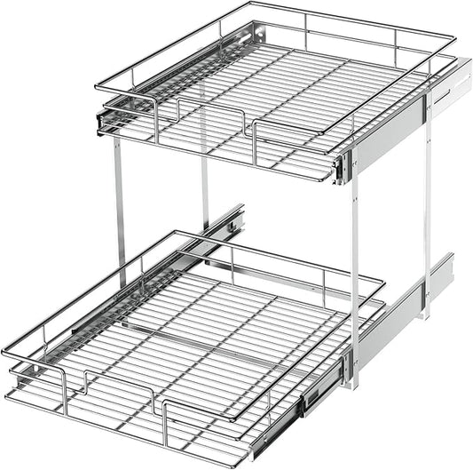LOVMOR 2 Tier Individual Pull Out Cabinet Organizer 14½" W x 21½" D, Slide Out Kitchen Cabinet Storage Sliding Shelves