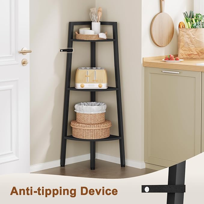 Hoctieon Corner Shelf, 3-Tier 40" Tall Corner Bookshelf, Rustic Ladder Shelf, Industrial Display Stand for Living Room, Kitchen, Home Office, Balcony, Small Space, Metal Frame, Black