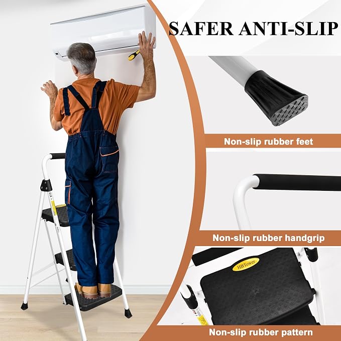 HBTower Step Ladder, Folding Step Stool with Wide Anti-Slip Pedal | Sturdy Steel Ladder, Convenient Handrail, Lightweight, Portable Steel Step Stool