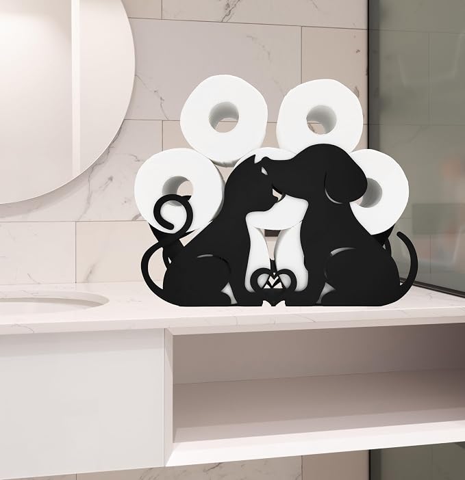 Lover Dog Black Metal Paper Holder, Decorative FreeStanding Toilet Paper Organizer for Bathrooms, Holds Extra 8 Rolls