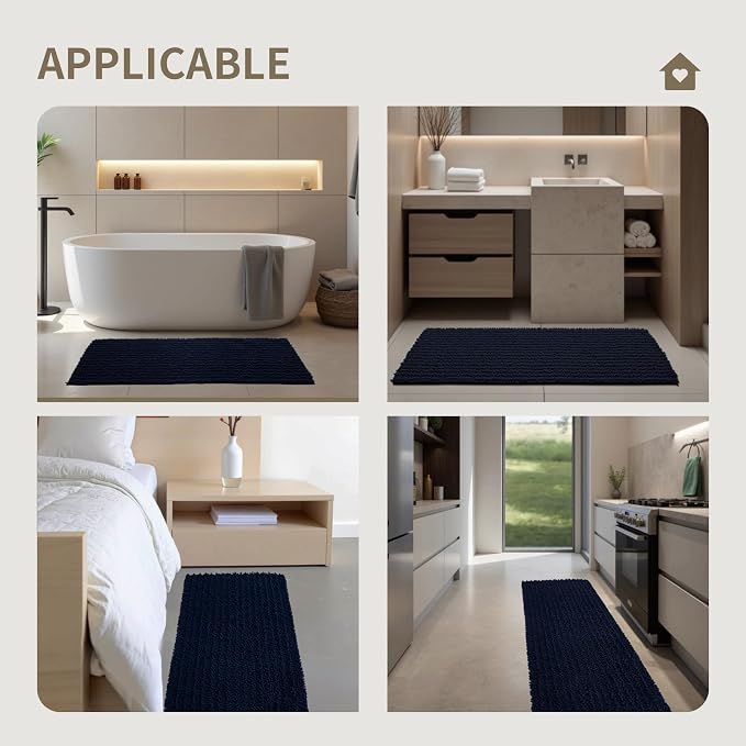 Bathroom Rugs Non Slip Washable 55x24, Extra Thick Soft Chenille Absorbent Bath Mat, High Density Barrier Non Slip Backing, Quick Dry Plush Shaggy Floor Carpet for Tub&Shower, Navy