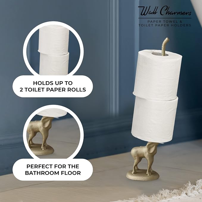 Gold Paper Towel Holder, Metal Toilet or Kitchen Paper Holder for Floor or Countertop, Gold Elephant | 18.6 inch tall gold cast iron hand towel holder for kitchen countertop or bathroom with weighted base, no assembly