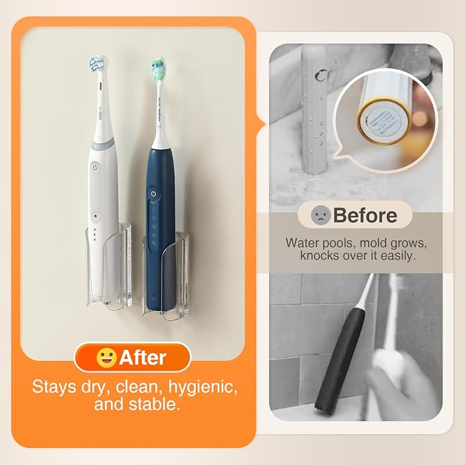 Electric Toothbrush Holder for Bathroom, Wall-Mounted Toothbrush Stand with Self-Adhesive, Compact Bathroom Caddy for Electric Toothbrushes (Clear-2pcs)
