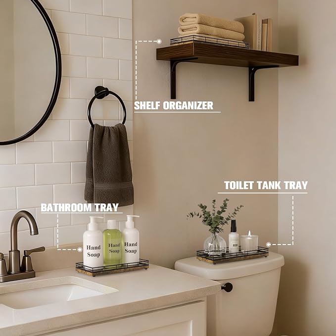 Bathroom Vanity Tray for Countertop, 12" x 6" Wood Toilet Tank Tray | Metal Guardrail, Bathroom Organizer for Soap, Perfume & Skincare, Non-Slip Decorative Tray for Dresser, Black & Rustic Brown