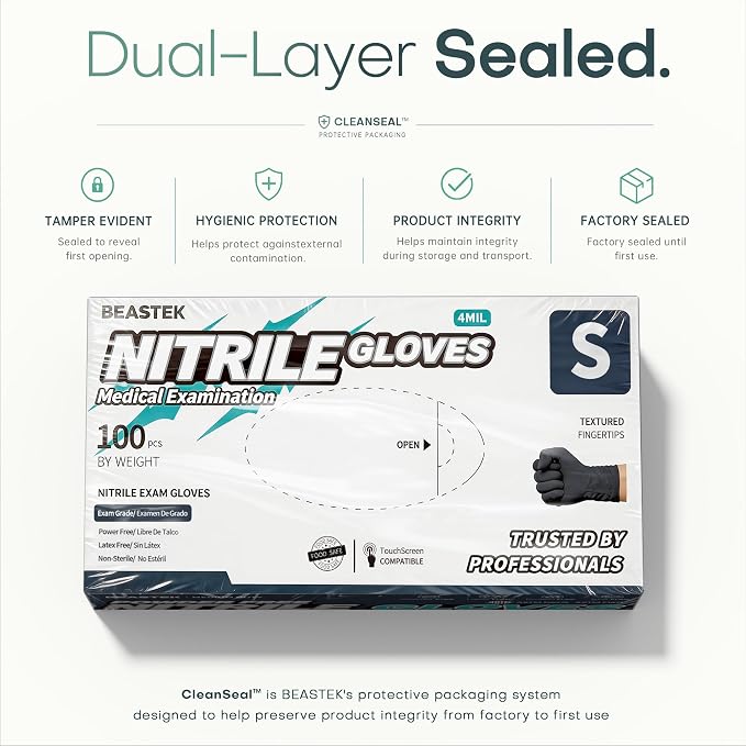 Black Nitrile Exam Gloves, 4 Mil, Powder-Free Food Prep Disposable | Soft+ • Powder-Free • Latex-Free • Medical • Examination • Cooking • Cleaning • Food Prep • Tattoo • Black • 100 Ct & 1000 Ct
