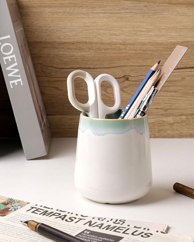 BosilunLife Bathroom Toothbrush Holder - Ceramic Toothbrush Cup Holder 13Oz White and Blue-Green Toothbrush Holder for Bathroom Toothbrush Toothpaste Holder for Bathroom Vanity Countertop Home
