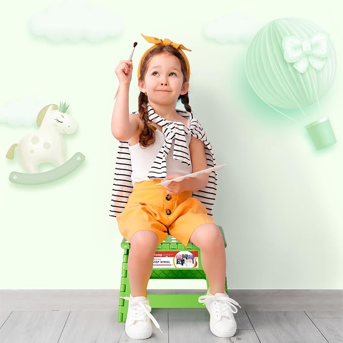 Folding Step Stool 9 Inch for Kids and Adults, 300 lbs, Green | Lightweight Plastic Small Foldable Step Stool with Handle, Non-Slip, for Kitchen, Bathroom, Bedroom and Closet