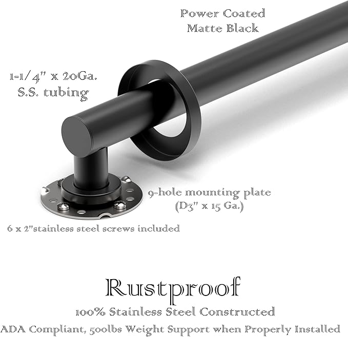 ADA Compliant Grab Bar, 500lbs Weight Support for Bath Safety (16 inch, Matte Black)