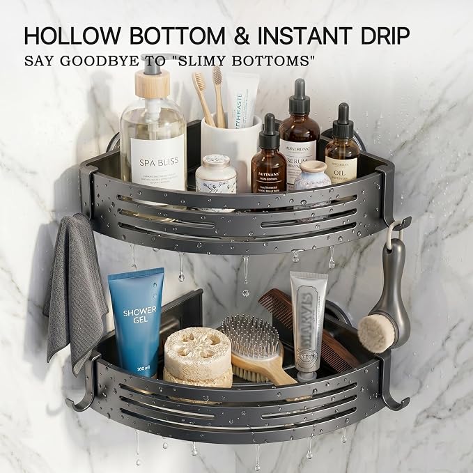 2 PCS Corner Shower Caddy Suction Cup, Rustproof Aluminum Shower Shelves with Hooks, No-Drilling Upgrade Bionic Suction Cup Shower Organizer, Removable Bathroom Storage Corner Shelf(Grey)