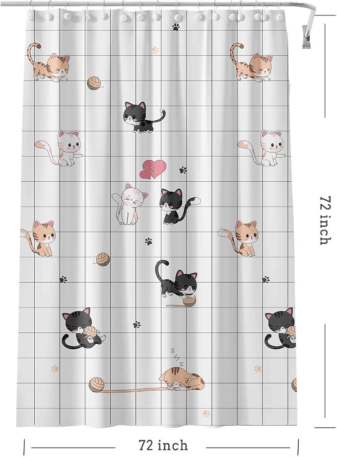 TIKABC Shower Curtain Liner, 4G PEVA Colorful Cat Shower Liner, Plastic Waterproof Shower Curtains, 72x72 inch with Grommet Holes 3 Magnetic Weights