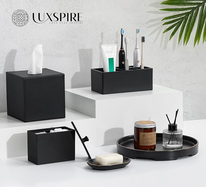 Luxspire 5 Slots Toothbrush Holders, Resin, Black | Toothbrush Razor Holder, Toothpaste Holder for Bathroom Accessories Set Vanity Counter Sink Organizer Storage Organizer Caddy
