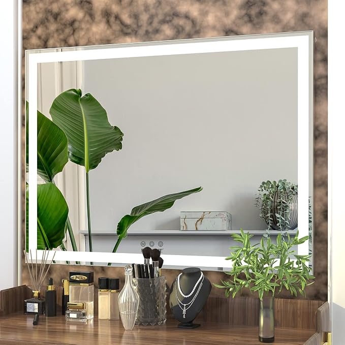 Large Vanity Mirror with Lights L36.2 X H26.8 inch, Lighted Tabletop/Wall Hollywood Makeup Mirror for Dressing Room & Bedroom,3 Color Modes with Dimmer,Silver