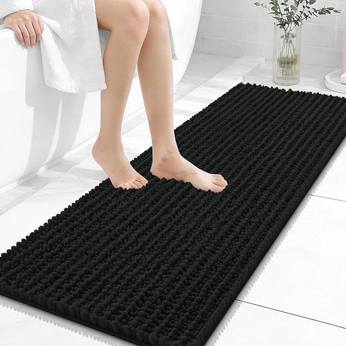 OLANLY Bathroom Runner Rugs 47x17, Thick Soft Absorbent Chenille Bath Rugs | Black, Quick-Drying Rubber Backing, Long Shaggy Bath Mat, Machine Washable for Floor, Tub and Shower, Home Decor Accessories
